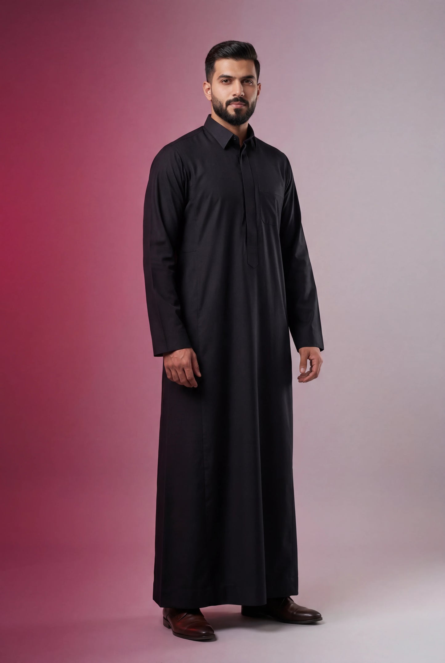 Deep Black Classic Thobe Timeless Authority featuring a sharp silhouette, concealed placket, premium fabric, elegant collar, and modern Saudi tailoring. Luxury black thobe, premium jubba, Saudi menswear, ثوب أسود رسمي, ثوب سعودي فاخر, ثوب رجالي أنيق, جلابية رجالية فخمة, دشداشة رجالية راقية, premium Islamic clothing for Eid, Ramadan, Friday prayer, business meetings, and special occasions.