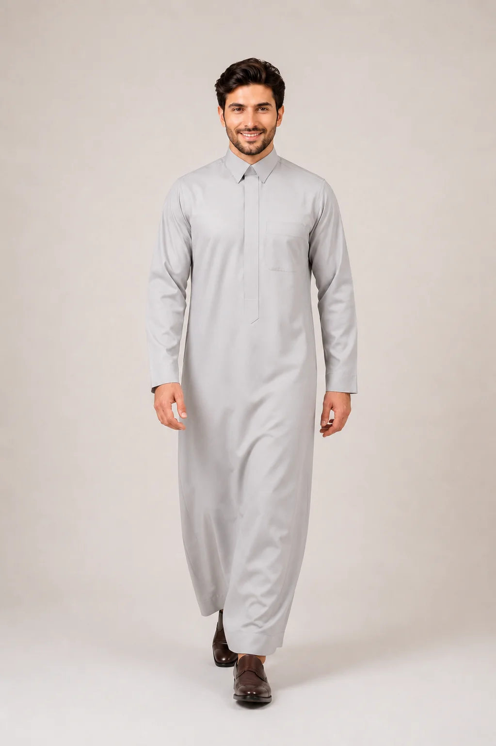 Front View of Light Grey Saudi Thobe for Men with Turn-Down Collar and Minimalist Executive Styling