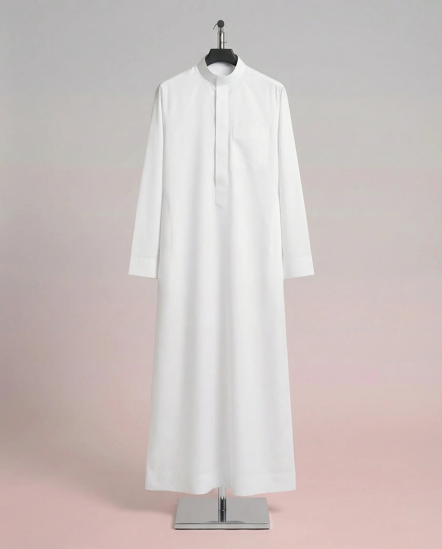 Ready White Signature Saudi Thobe on Display Stand Featuring Mandarin Collar and Minimalist Premium Design