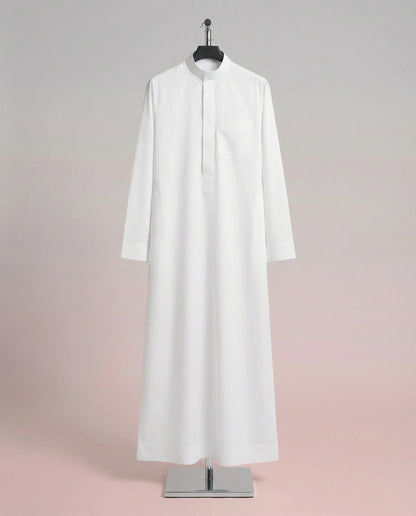 Ready White Signature Saudi Thobe on Display Stand Featuring Mandarin Collar and Minimalist Premium Design
