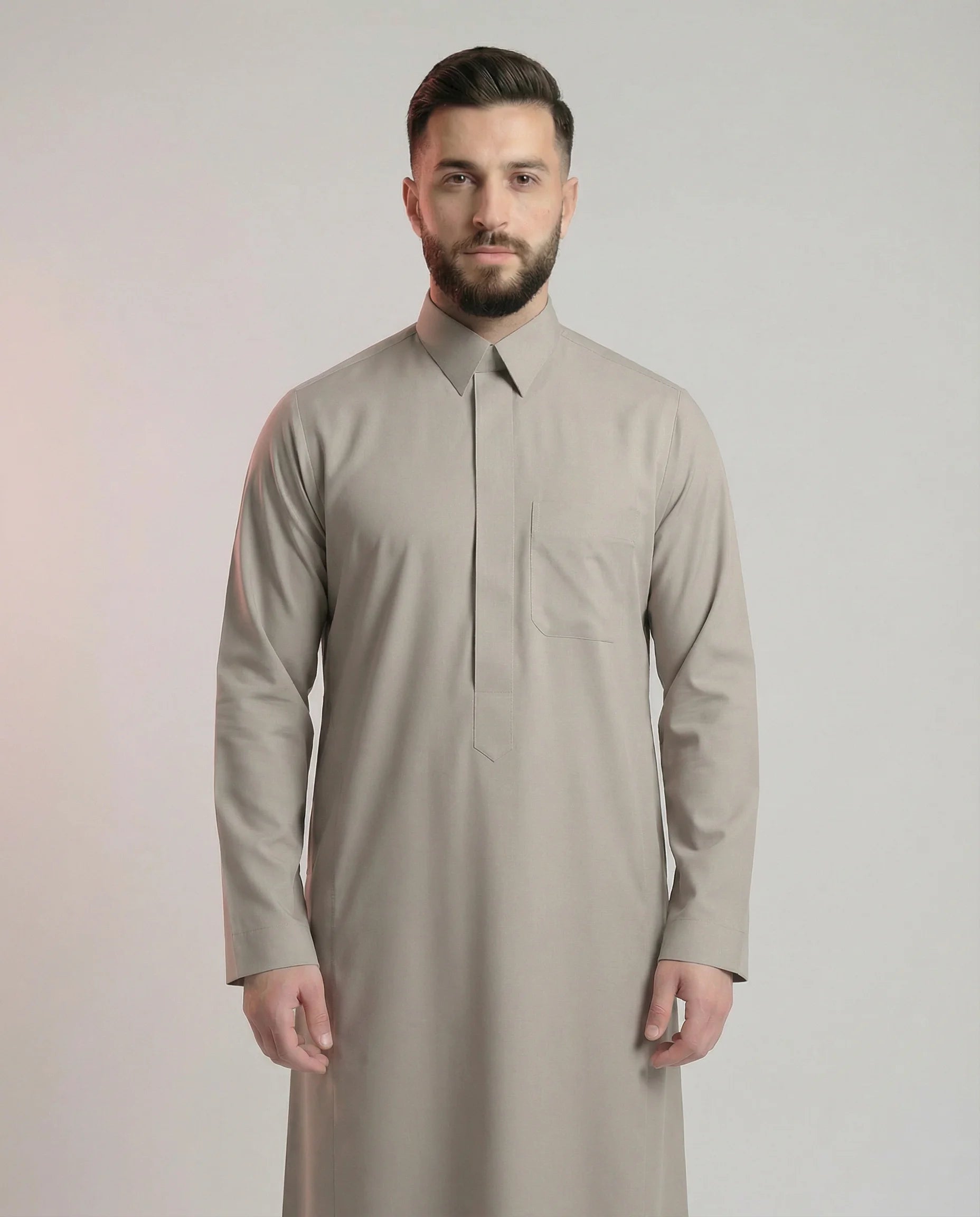 Front View of Sand Grey Saudi Thobe for Men with Turn-Down Collar and Premium Contemporary Islamic Fashion
