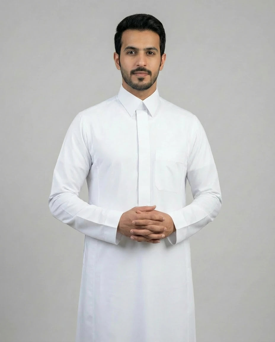 Front view of Haybah Pure White Classic thobe for men featuring concealed placket, structured collar and sophisticated everyday styling