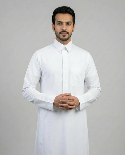 Front view of Haybah Pure White Classic thobe for men featuring concealed placket, structured collar and sophisticated everyday styling