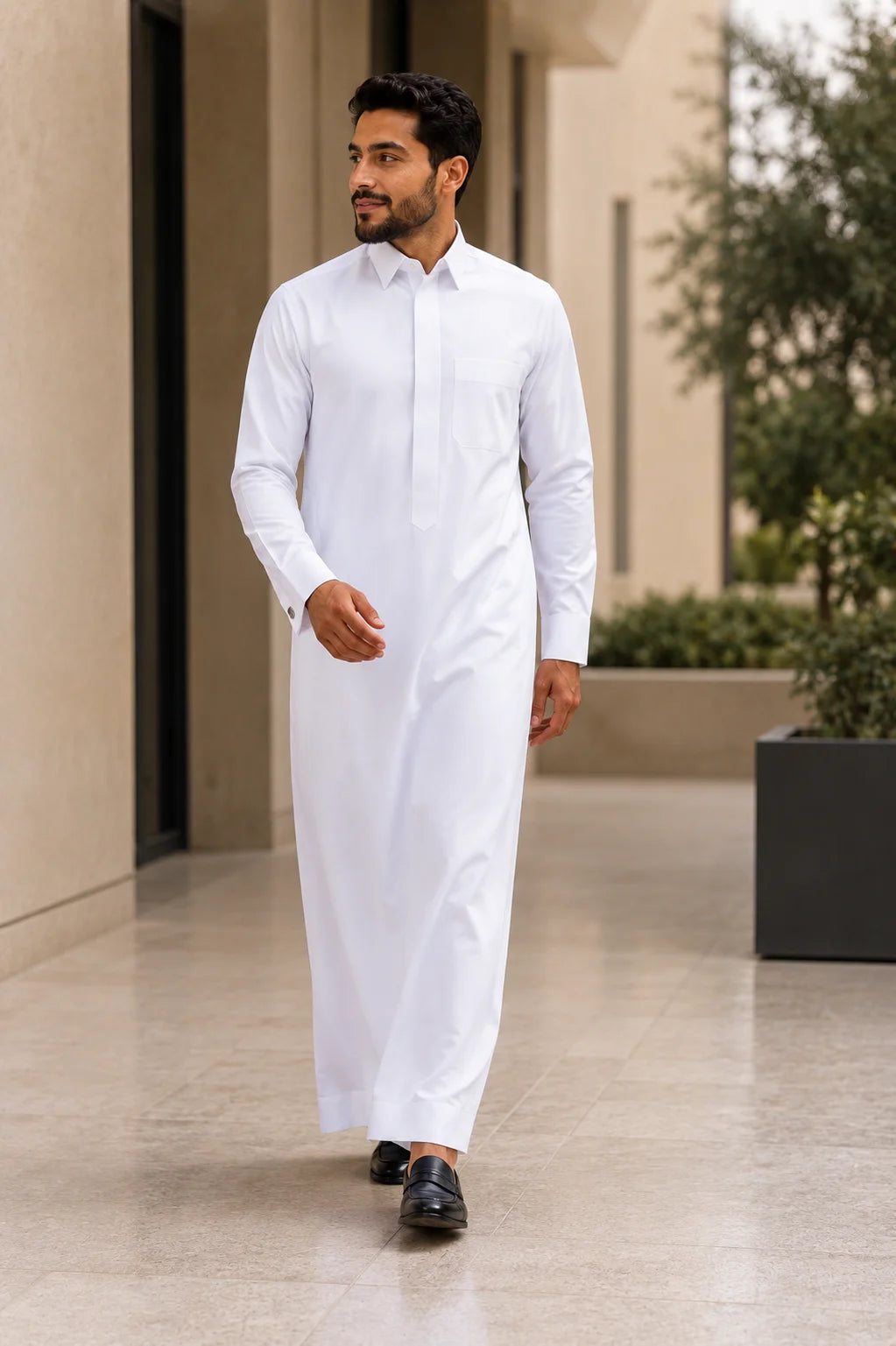 Luxury Al Noor Executive White Saudi Thobe for Men in Modern Lifestyle Setting – Elegant Islamic Clothing for Professional Gentlemen