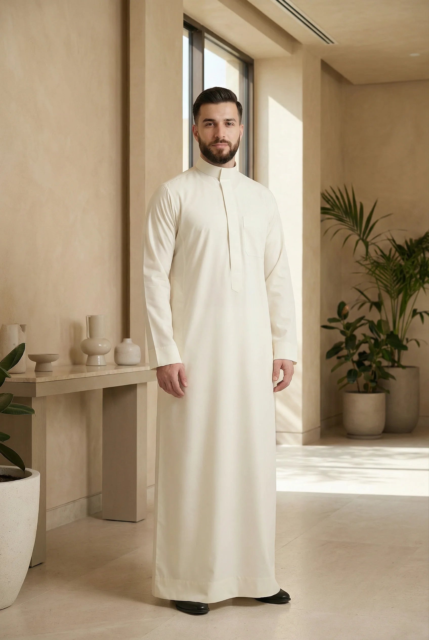 Luxury Butter White Saudi Thobe for Men in Modern Lifestyle Setting – Premium Islamic Clothing for Contemporary Gentlemen