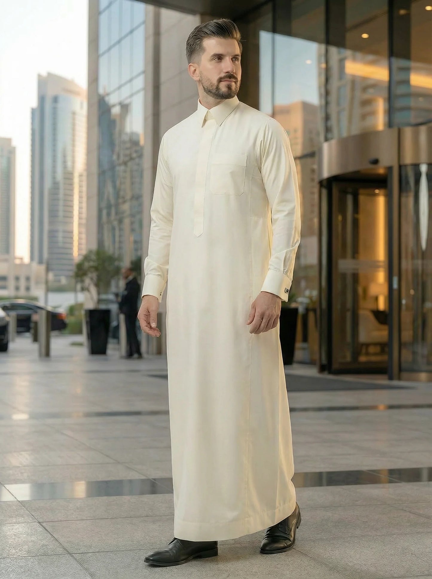 Cream White Luxury Thobe styled in a modern executive setting, showcasing premium craftsmanship, exceptional comfort, refined elegance, and contemporary Gulf fashion for gentlemen seeking prestige, confidence, sophistication, and timeless ceremonial style. ثوب كريمي فاخر بإطلالة عصرية راقية يجمع بين الأناقة الخليجية والفخامة الحديثة للمناسبات الرسمية والعملية والاحتفالات المميزة.