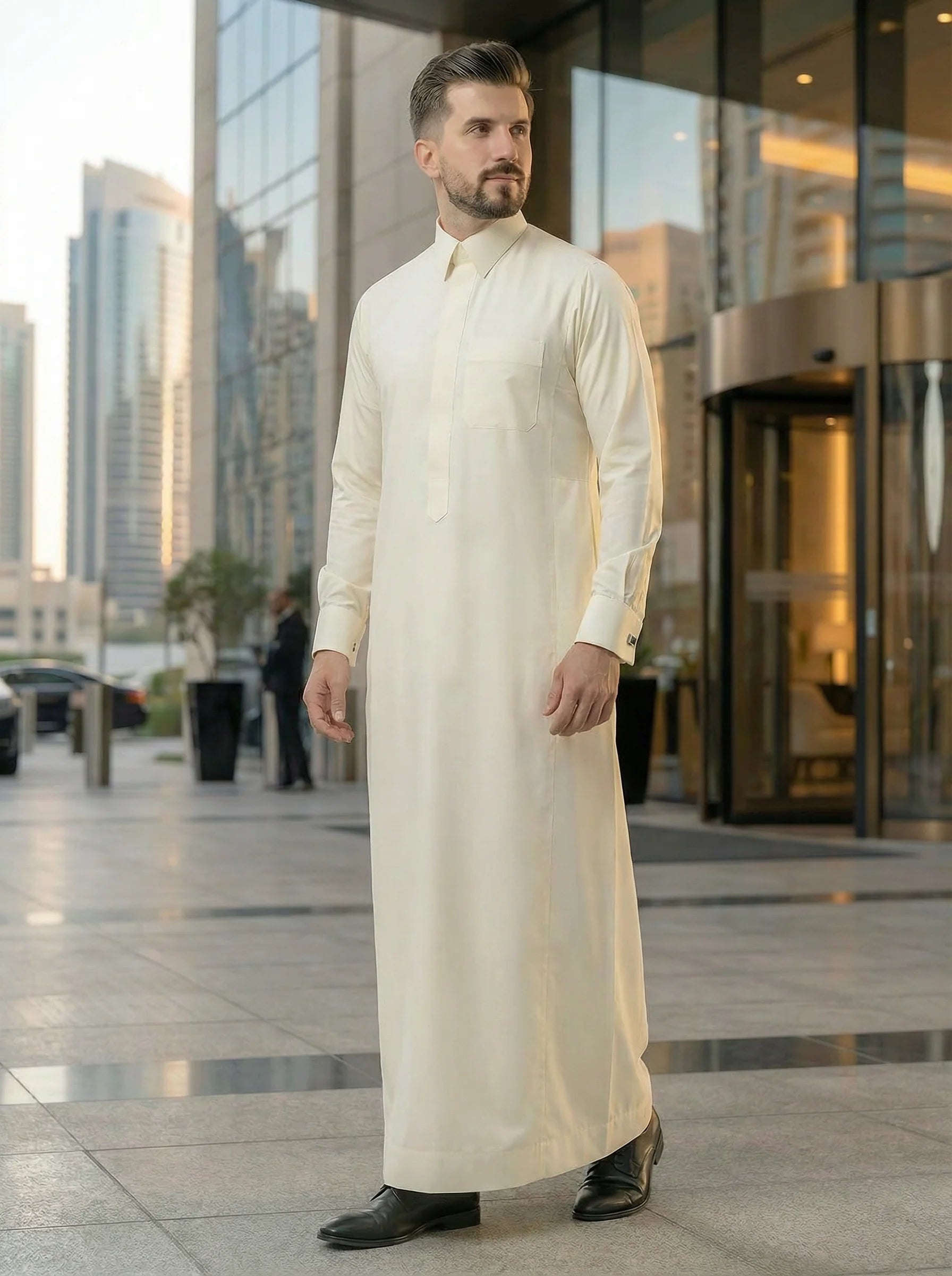 Cream White Luxury Thobe styled in a modern executive setting, showcasing premium craftsmanship, exceptional comfort, refined elegance, and contemporary Gulf fashion for gentlemen seeking prestige, confidence, sophistication, and timeless ceremonial style. ثوب كريمي فاخر بإطلالة عصرية راقية يجمع بين الأناقة الخليجية والفخامة الحديثة للمناسبات الرسمية والعملية والاحتفالات المميزة.