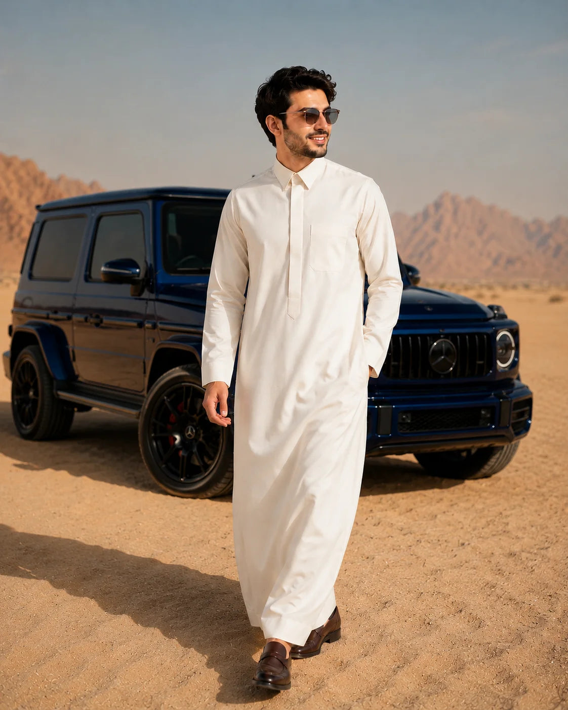 Lifestyle image of a man wearing a Cream White Signature Saudi thobe in a luxury desert setting, combining premium elegance with modern Arabian style