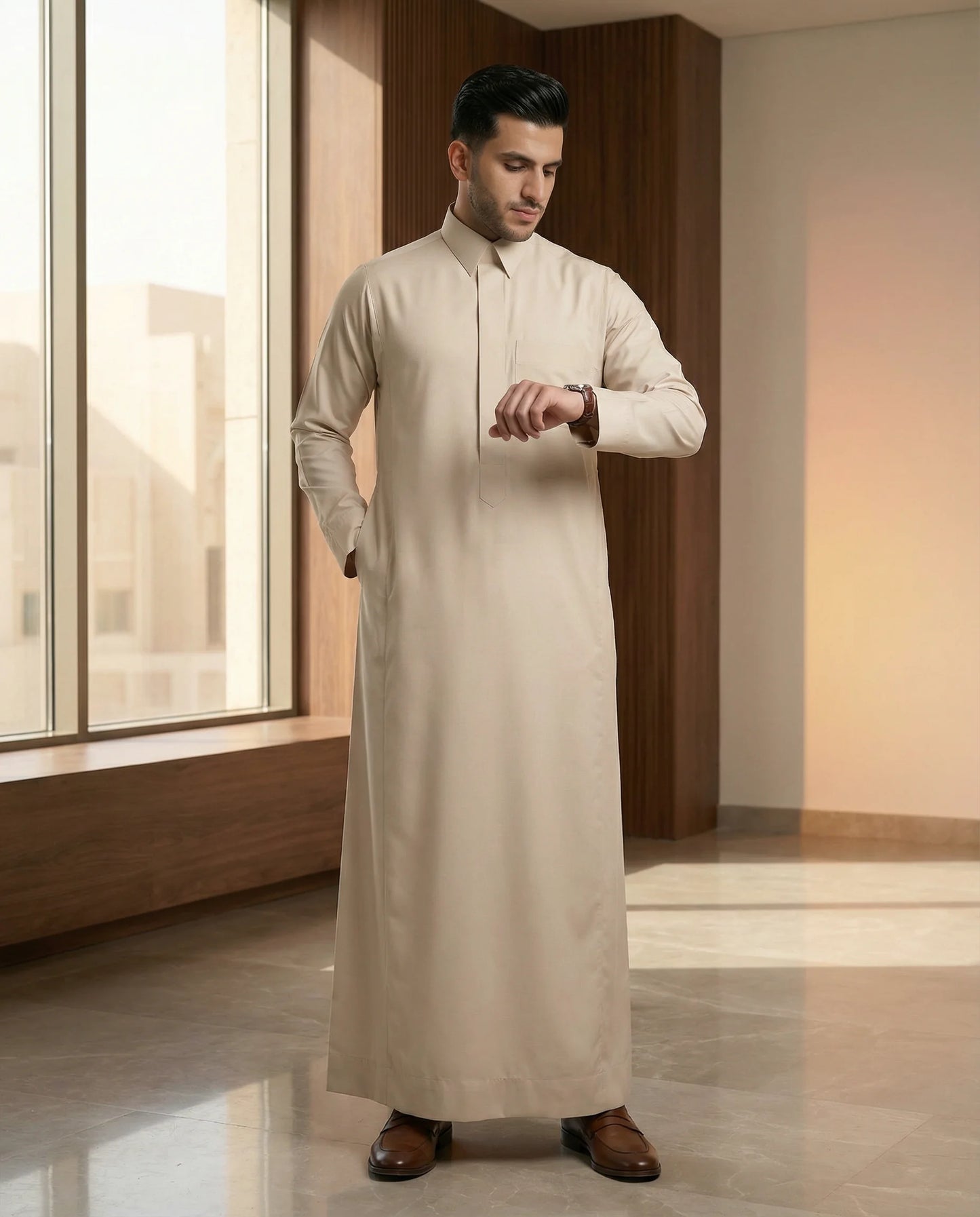 Pearl Beige Classic Thobe styled in a luxury modern interior setting, showcasing premium Islamic menswear with refined elegance, comfort, and timeless sophistication. Luxury Saudi thobe, men's designer thobe, premium jubba, ثوب سعودي فاخر للرجال, ثوب بيج لؤلؤي, ثوب رجالي أنيق, ثوب عربي فاخر, جلابية رجالية فخمة, دشداشة رجالية راقية, ملابس إسلامية رجالية, premium modest fashion designed for professionals, Ramadan, Eid, family gatherings, prayer, and elevated everyday living across Saudi Arabia and the GCC.