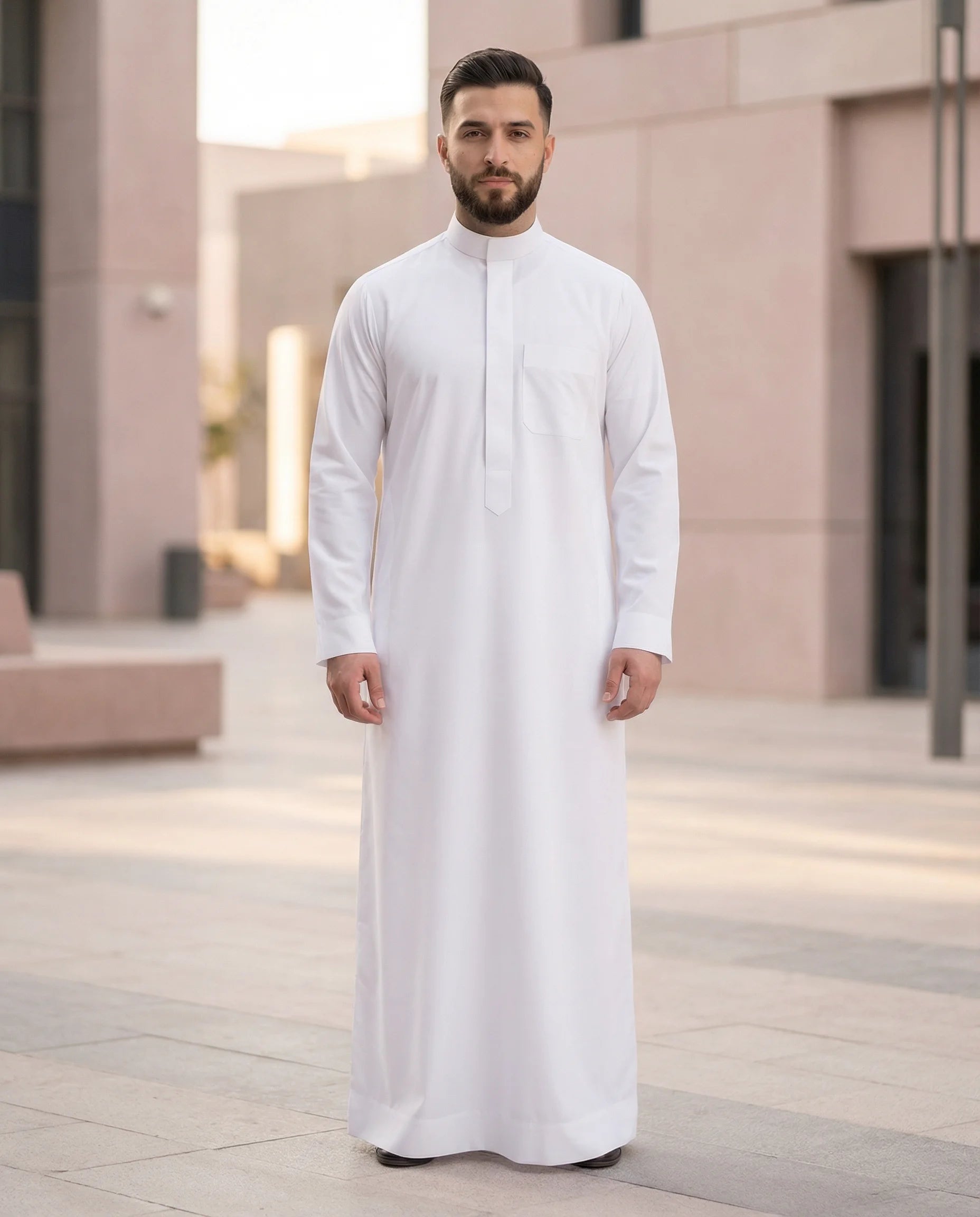 Luxury Ready White Signature Saudi Thobe for Men in Contemporary Urban Setting – Premium Islamic Clothing for Modern Gentlemen