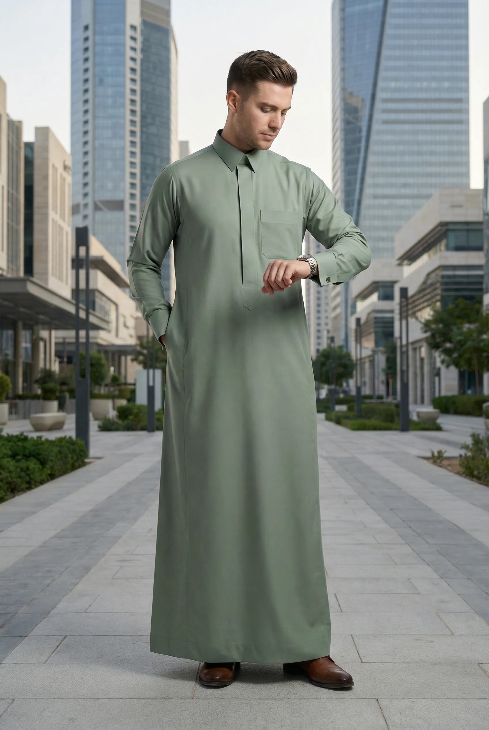 Sage Green Classic Thobe styled in a modern urban setting, showcasing premium Islamic menswear with elegance, comfort, and timeless sophistication. Luxury Saudi thobe, men's designer thobe, premium jubba, ثوب سعودي فاخر للرجال, ثوب أخضر سيج, ثوب رجالي أنيق, ثوب عربي فاخر, جلابية رجالية فخمة, دشداشة رجالية راقية, ملابس إسلامية رجالية, premium modest fashion designed for professionals, Ramadan, Eid, prayer, family gatherings, and elevated everyday living across Saudi Arabia and the GCC.