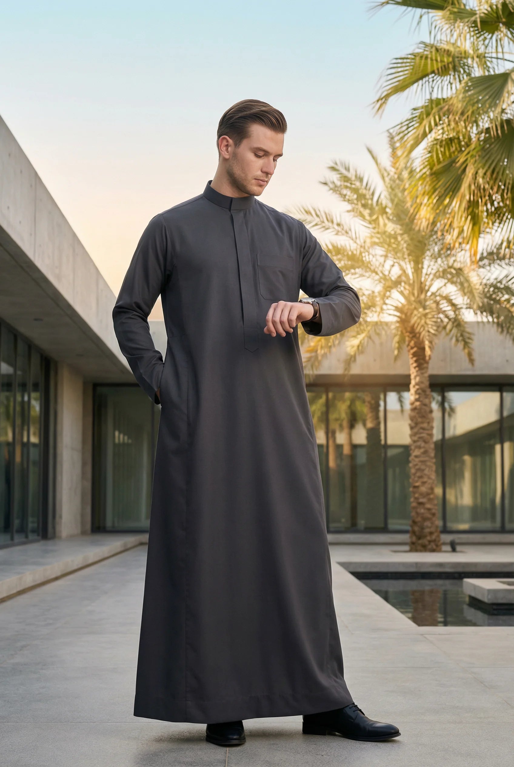 Smoke Black Classic Thobe styled in a luxury outdoor setting, showcasing premium Islamic menswear with confidence, elegance, and timeless sophistication. Luxury Saudi thobe, men's designer thobe, premium jubba, ثوب سعودي فاخر للرجال, ثوب أسود فاخر, ثوب فحمي رجالي, ثوب عربي أنيق, جلابية رجالية فخمة, دشداشة رجالية راقية, ملابس إسلامية رجالية, premium modest fashion designed for professionals, Ramadan, Eid, prayer, family gatherings, and elevated everyday living across Saudi Arabia and the GCC.