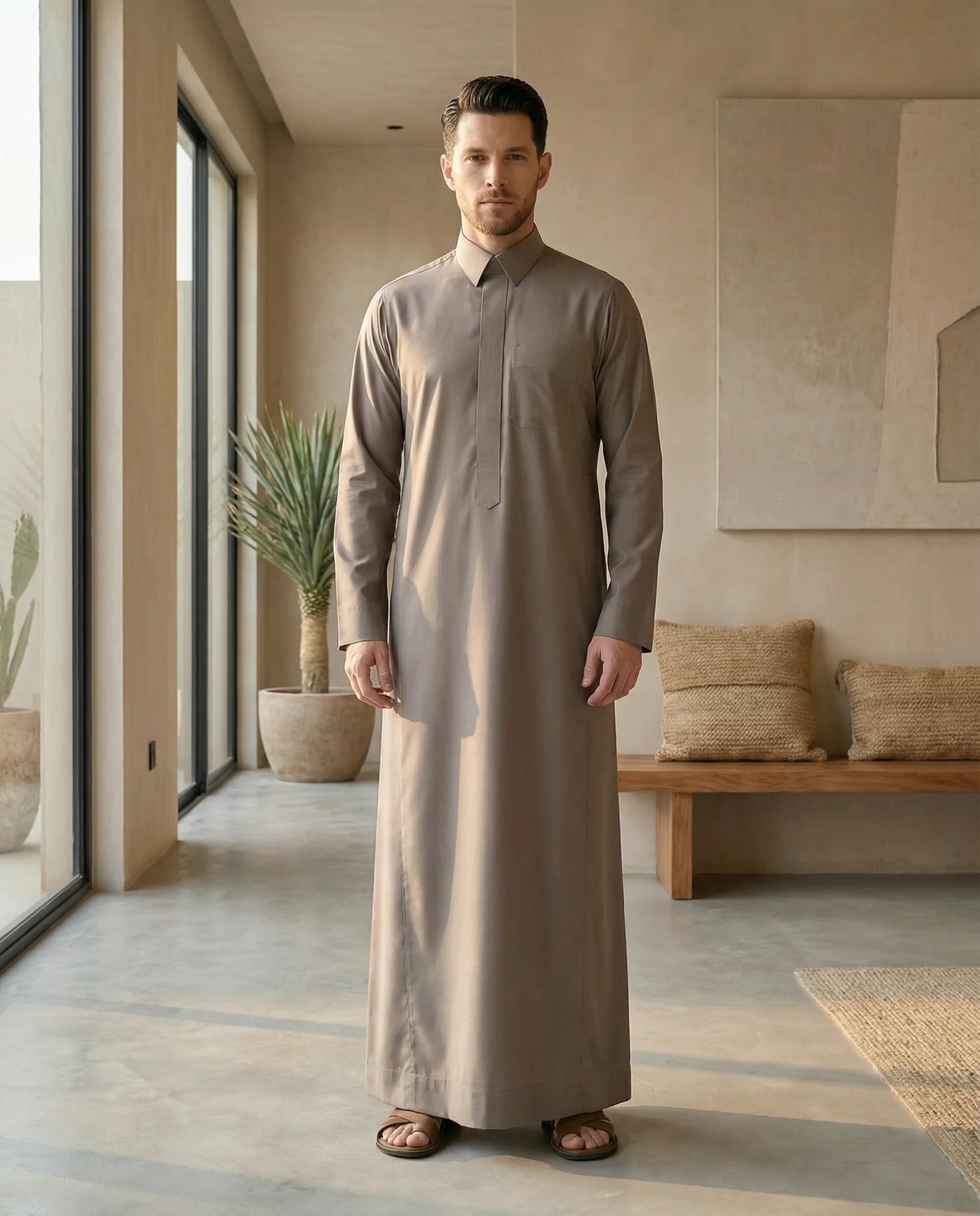 Warm Grey Everyday Thobe Contemporary Classic styled in a luxury architectural setting, showcasing premium Islamic menswear with modern tailoring and timeless Arab sophistication. Luxury Saudi thobe, men's designer thobe, premium jubba, ثوب سعودي فاخر للرجال, ثوب رجالي أنيق, جلابية رجالية فخمة, دشداشة رجالية راقية, ملابس إسلامية رجالية, ثوب يومي فاخر, modest fashion for professionals seeking elegance during Ramadan, Eid, corporate events, formal gatherings, and upscale everyday occasions throughout Saudi Ar