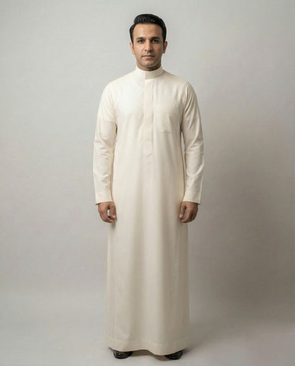 Full front view of Off White Classic Saudi thobe for men with Mandarin collar, elegant drape and sophisticated everyday design