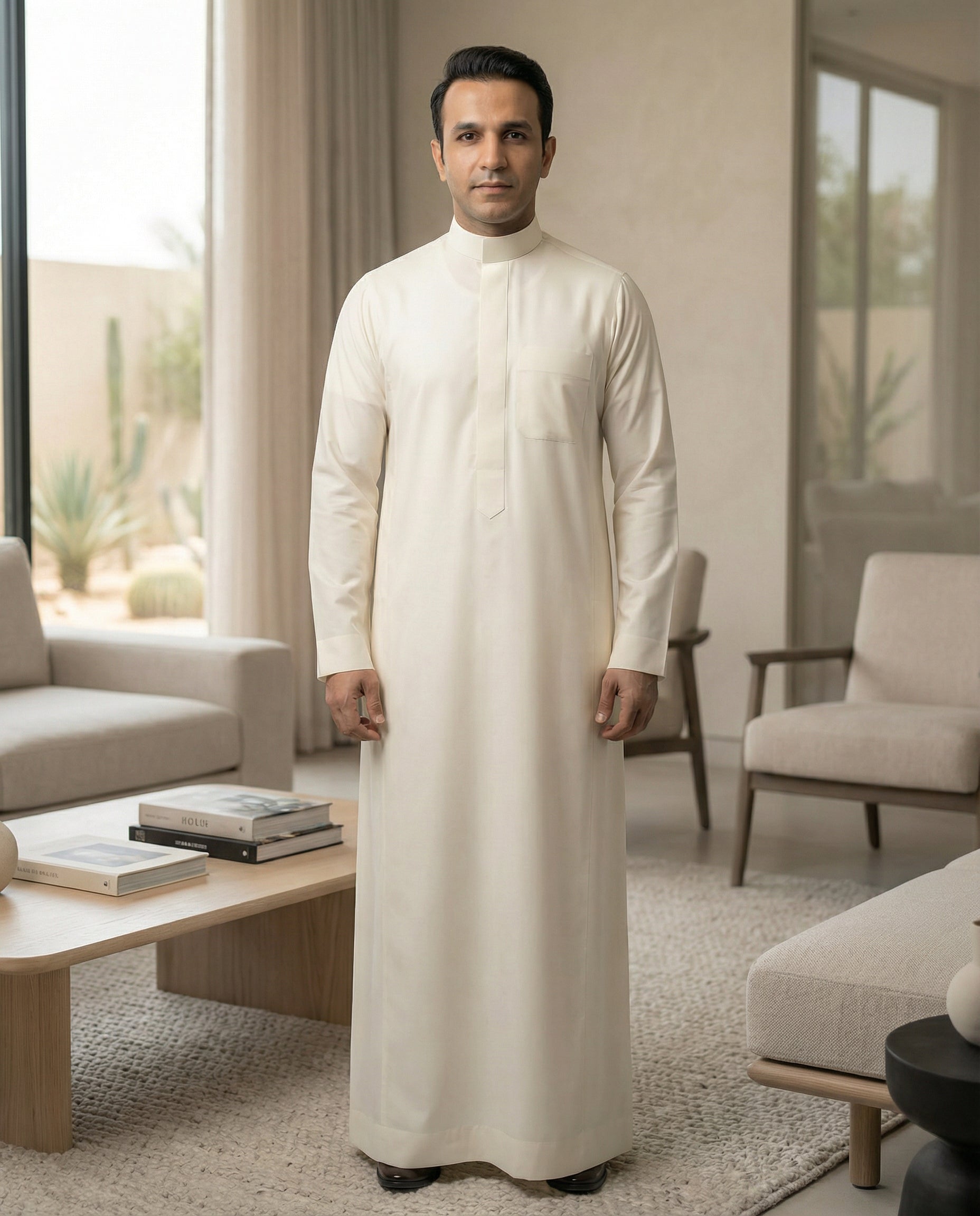Lifestyle image of a man wearing an Off White Classic Saudi thobe with Mandarin collar in a modern interior setting, showcasing premium comfort and timeless elegance